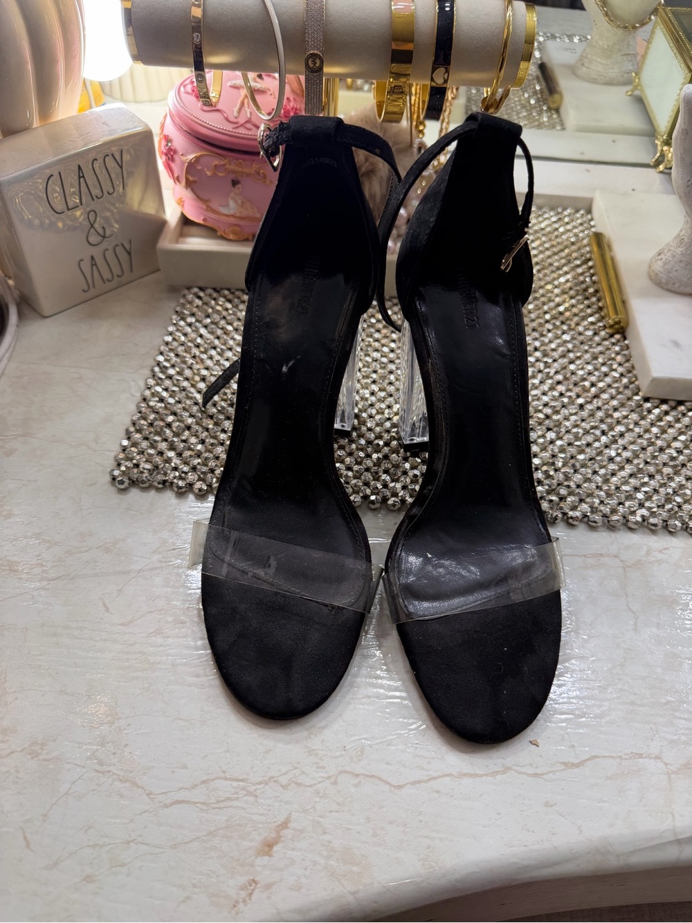 Women's Black Ankle-Strap Clear Band Heels